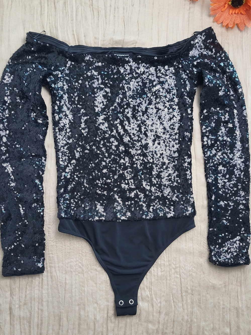 Express, Women's Black Sequin Off-Shoulder Long-Sleeve Bodysuit